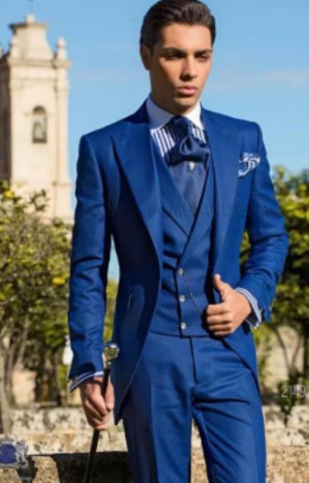 Mens Classic Pleated Pant One Button Peak Lapel Suit in French Blue, French Blue / 56 Long