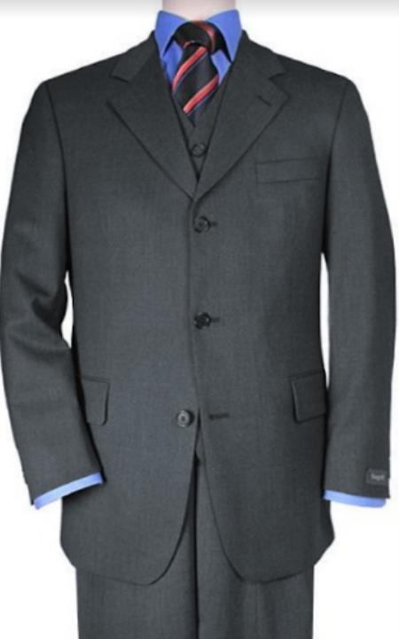 Classic Fit - 100% Wool Charcoal Suit - Three Button Vested Suit - Athletic Fit