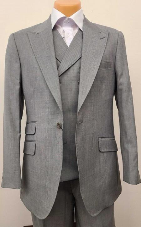 Mens Big and Tall Size Suits - Plus Size Mens Solid Grey Suit - Peak Lapel Ticket Pocket Wool Suit