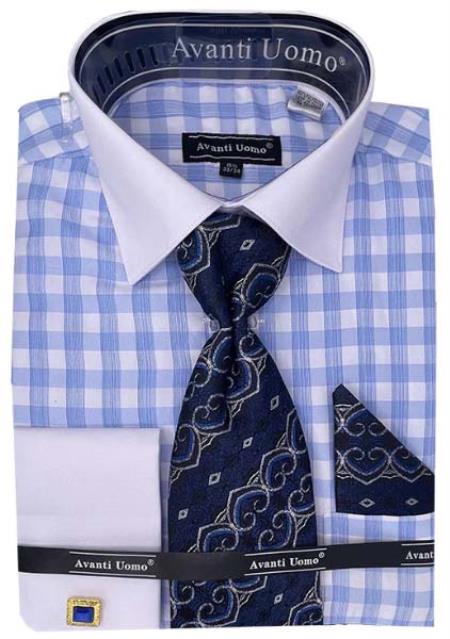 Light Blue Check Dress Shirt Set with Cuff