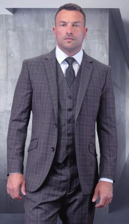 Product#JA59594 Mens Plaid Suits - Grey Windowpane Three Pie