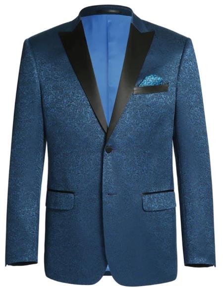 Mens 1 Button Satin Peak Lapel Paisley Prom Blazer in Dark Teal