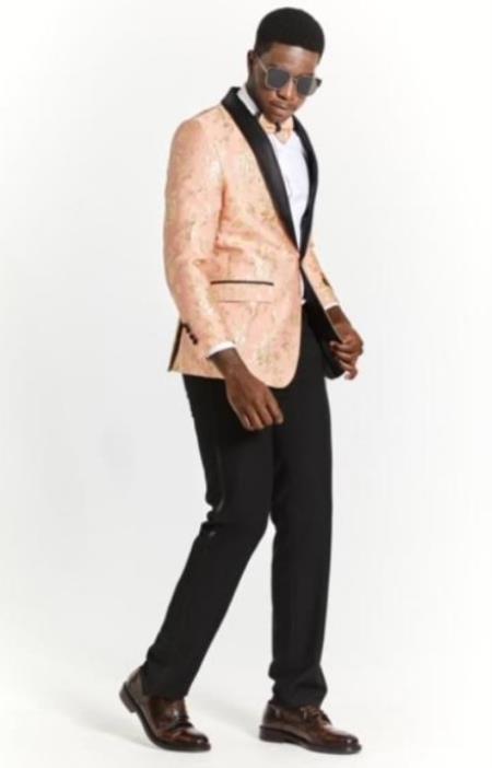 Mens Peach Paisley Blazer - Big and Tall Sport Coat With Bow