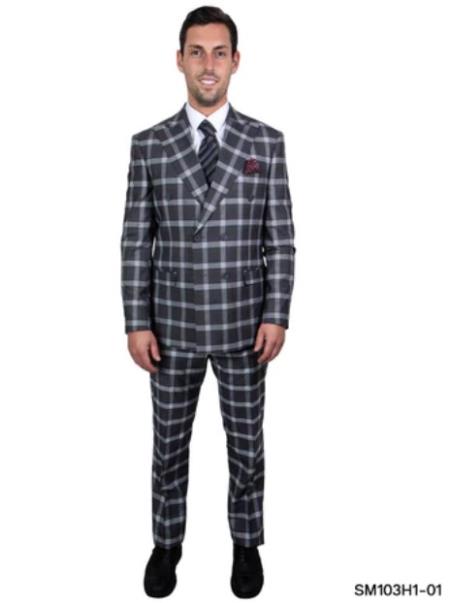 Mens Six Button Double Breasted Peak Lapel Hybrid Fit Suit B