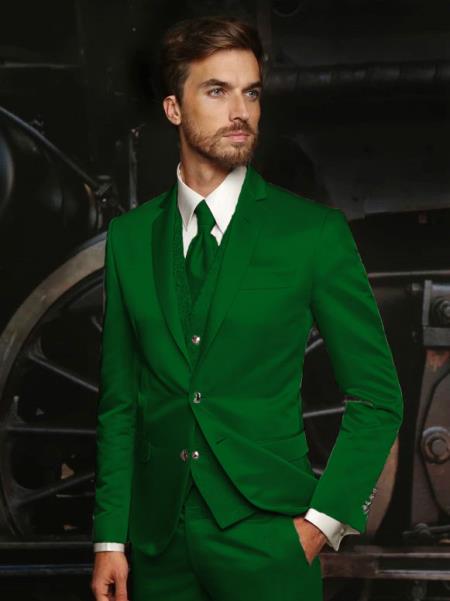 Mens Shiny Blazer - Hunter Green Sateen Vested Suit