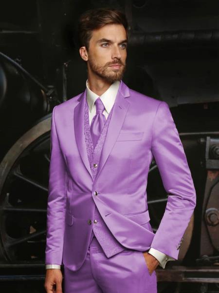 Mens Shiny Blazer Lavender Sateen Vested Suit