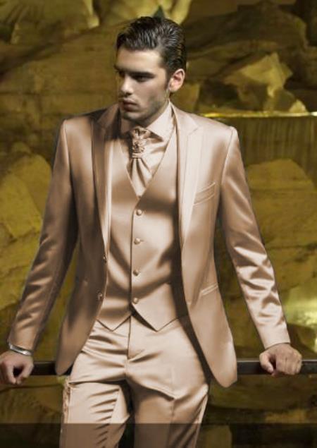 Mens Shiny Blazer - Tan Sateen Vested Suit