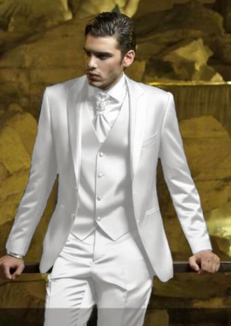 Product#JA61725 Mens Shiny Blazer - White Sateen Vested Suit