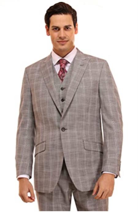 Mens Suit 3 Piece Plaid and Pinstripe Suit Grey Glen
