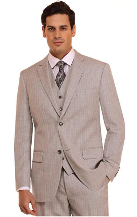Mens Suit 3 Piece Plaid and Pinstripe Suit Beige ~ Tan