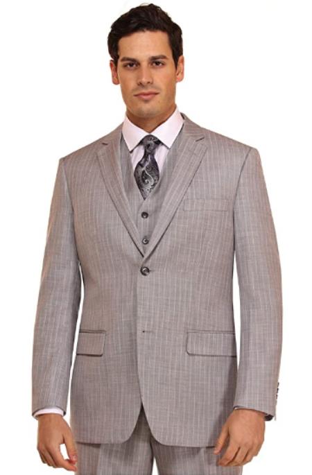Mens Suit 3 Piece Plaid and Pinstripe Suit Grey