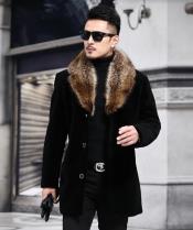  Fur Collars Mens Overcoat - Peacoat