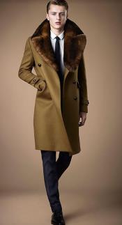  Fur Collars Mens Overcoat - Peacoat